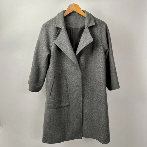 None Jackets & Blazers - Grey Flannel Modern Korean Car Coat, 3/4 Sleeves, Single Snap Closure, Size M/L